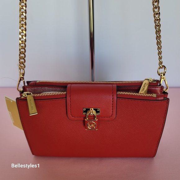 MICHAEL KORS Ruby Small Double-Zip Saffiano Leather Crossbody Bag- Crimson ⭐ - Picture 4 of 16